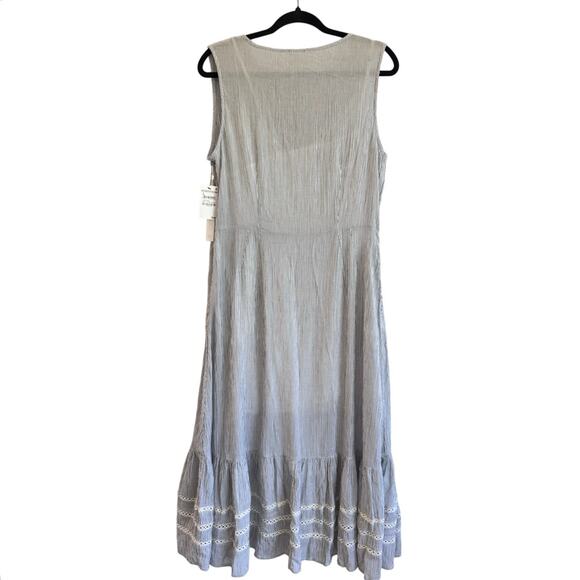 Caslon Striped Cotton Midi Dress Gray White Sleeveless Ruffle Summer M coastal - Picture 3 of 9